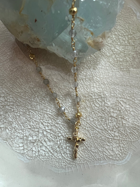 Rose and Labradorite Cross Necklace