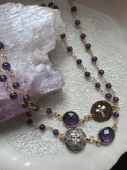 Double the Love Necklace - Amethyst Rosary Chain with Hammered Cross